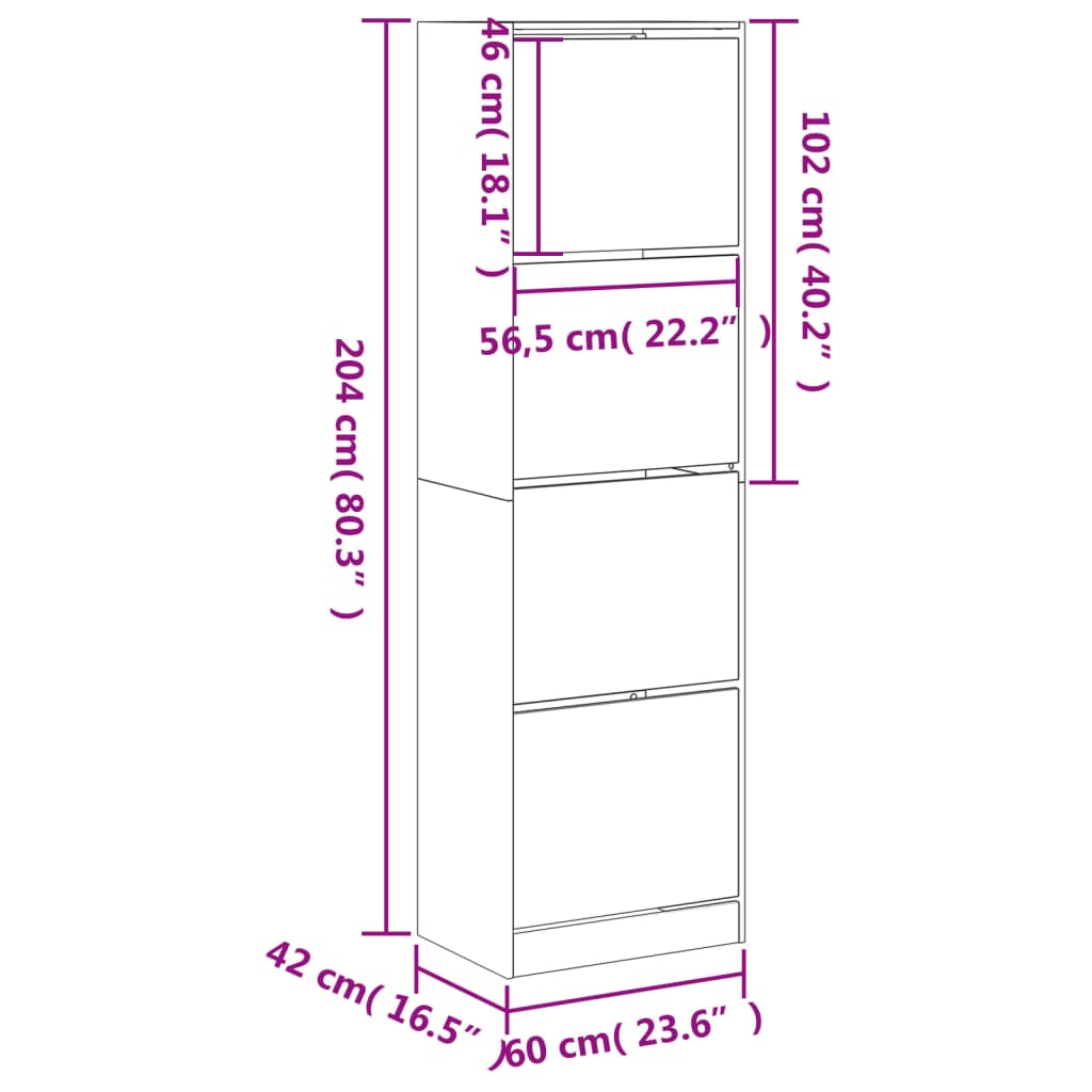 vidaXL Kenkäkaappi 4 kääntölaatikolla betoninharmaa 60x42x204 cm