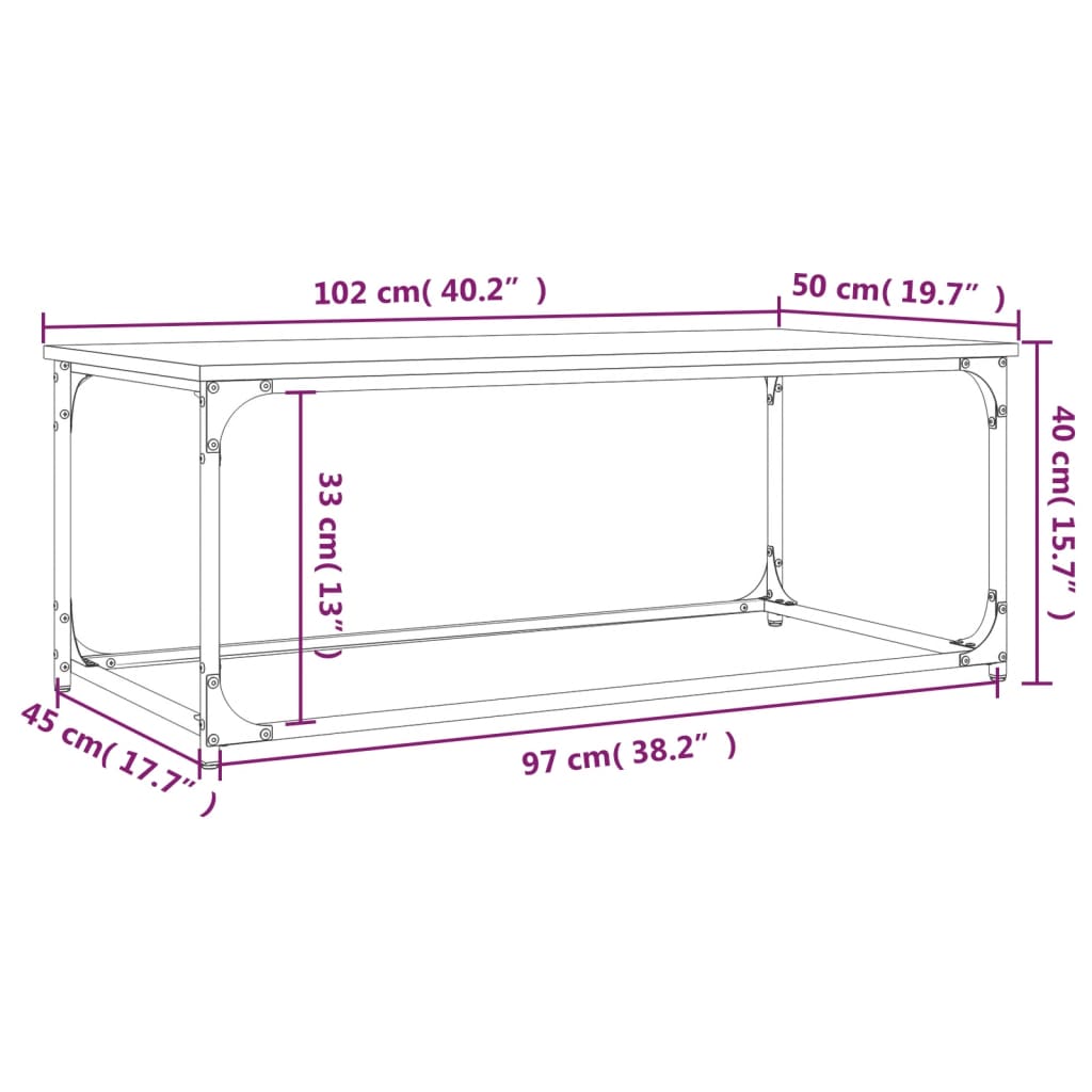 vidaXL Sohvapöytä Sonoma-tammi 102x50x40 cm tekninen puu ja rauta