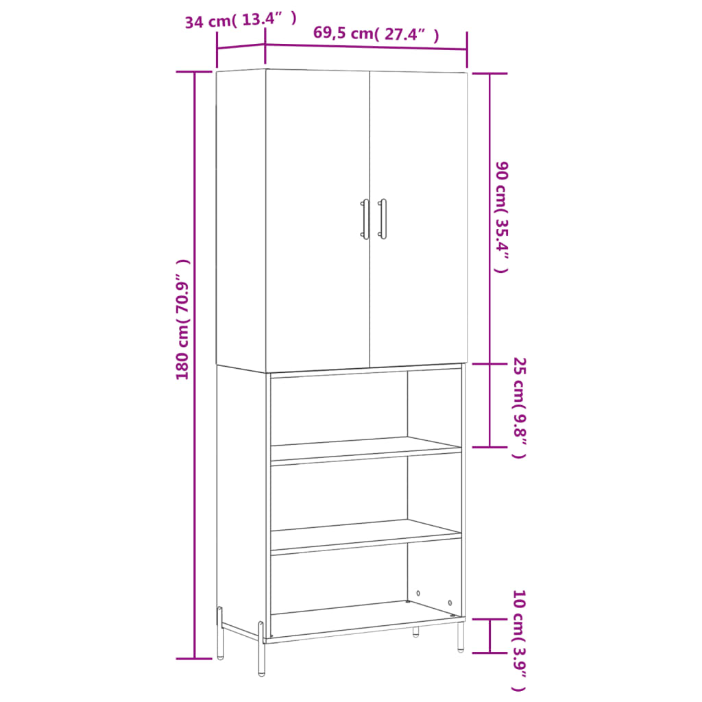 vidaXL Kaappi harmaa Sonoma 69,5x34x180 cm tekninen puu