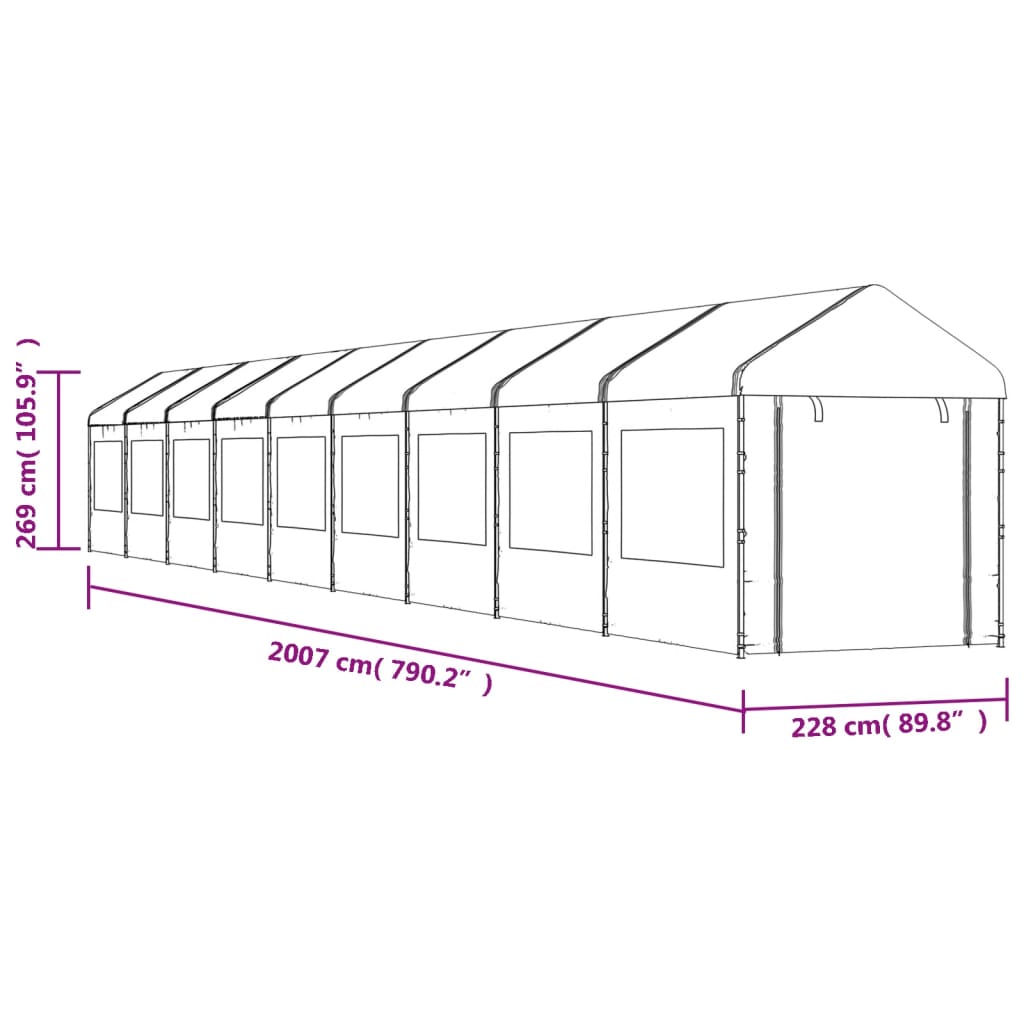 vidaXL Huvimaja katolla valkoinen 20,07x2,28x2,69 m polyeteeni