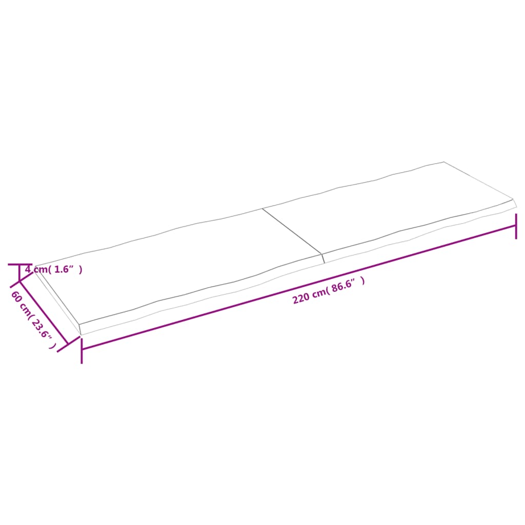 vidaXL Pöytälevy 220x60x(2-4) cm käsittelemätön täysi puu elävä reuna