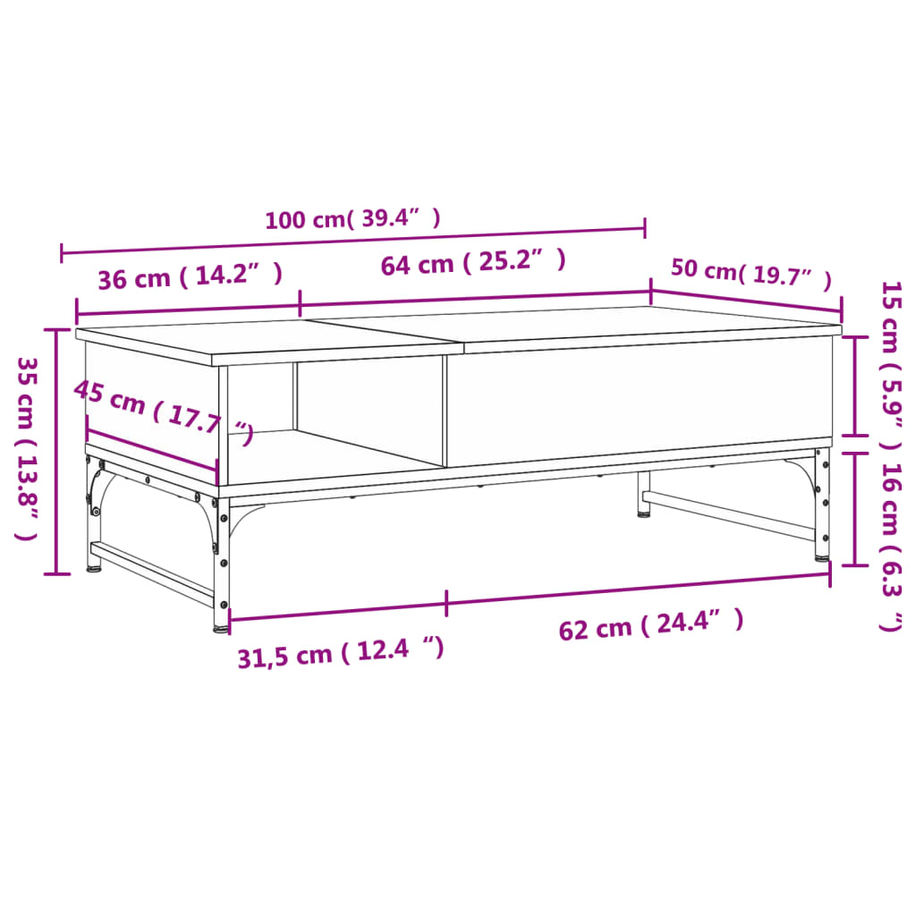 vidaXL Sohvapöytä savutammi 100x50x35 cm tekninen puu ja metalli