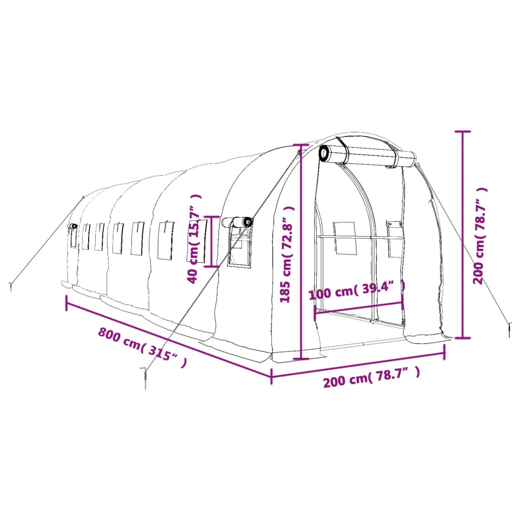 vidaXL Kasvihuone teräsrungolla vihreä 16 m² 8x2x2 m