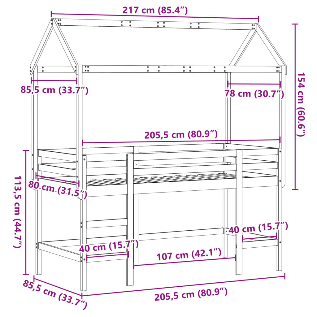 vidaXL Parvisänky tikkailla ja katoksella valk. 80x200 cm täysi mänty