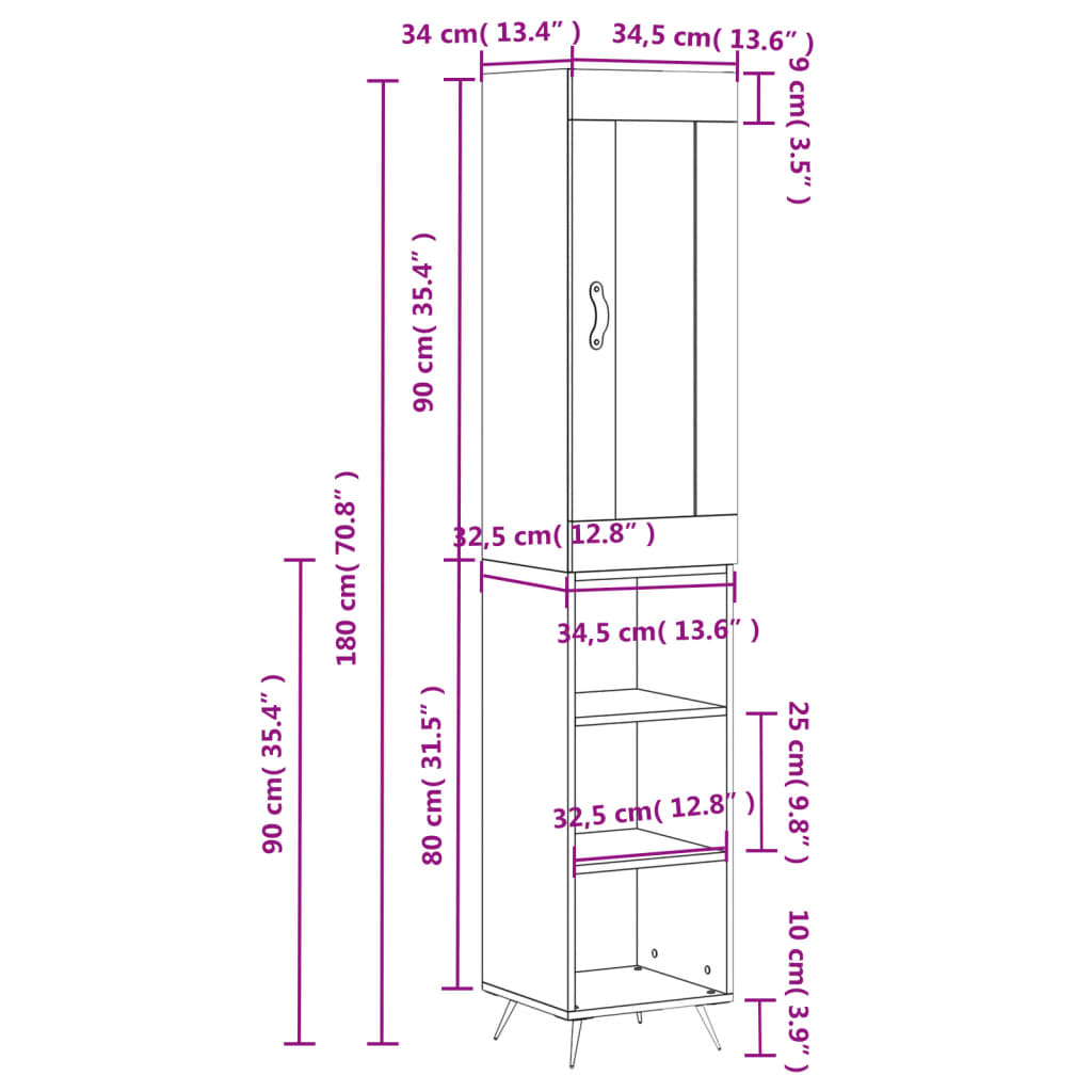 vidaXL Kaappi musta 34,5x34x180 cm tekninen puu