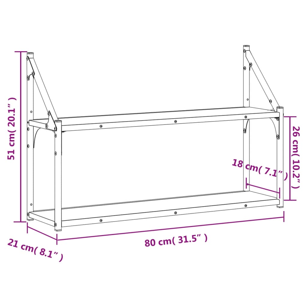 vidaXL Seinähylly 2 kerrosta Sonoma-tammi 80x21x51 cm tekninen puu