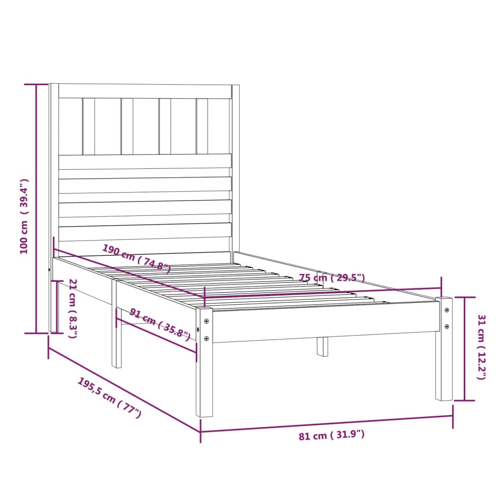 vidaXL Sängynrunko ilman patjaa päädyllä 75x190 cm täysi mänty