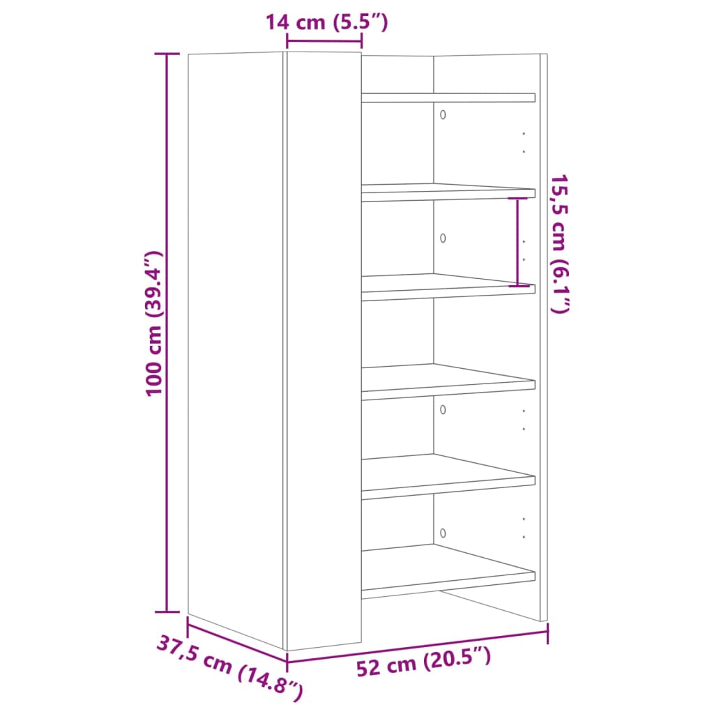 vidaXL Kenkäkaappi betoninharmaa 52x37,5x100 cm tekninen puu