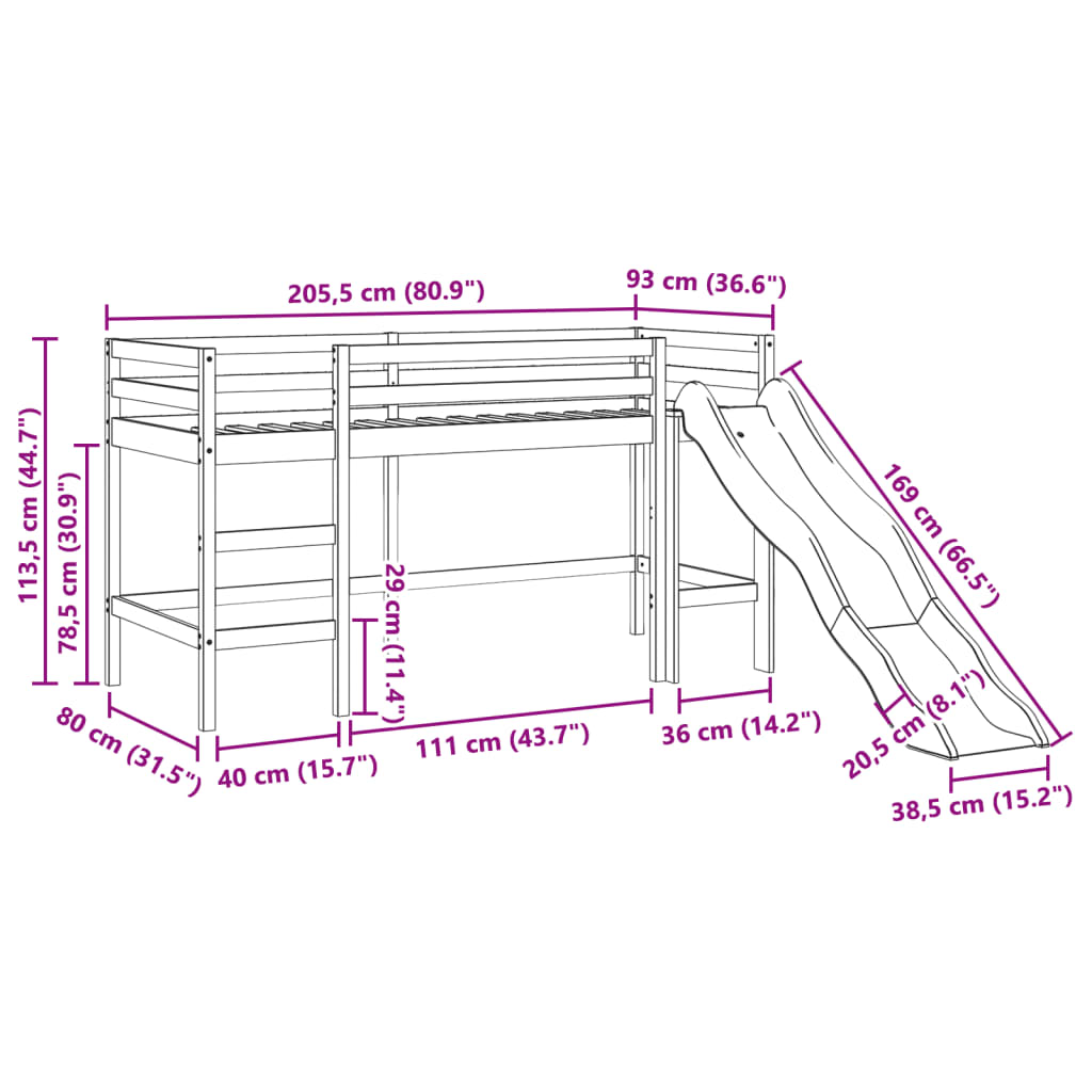 vidaXL Lasten parvisänky verhoilla sininen 80x200 cm täysi mänty