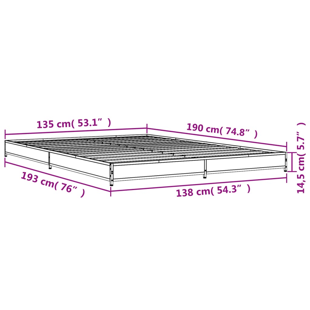 vidaXL Sängynrunko savutammi 135x190 cm tekninen puu ja metalli