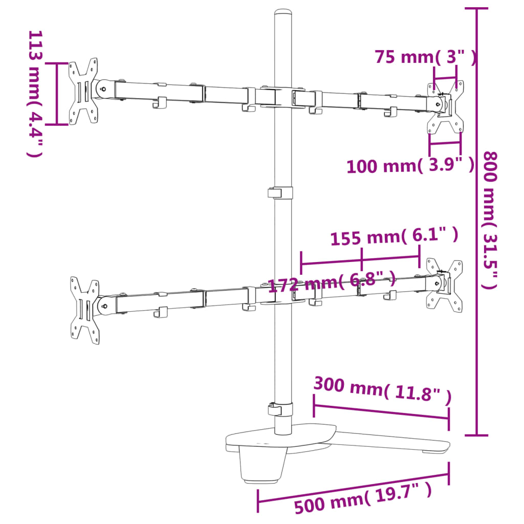 vidaXL Näyttöteline musta teräs VESA 75/100 mm