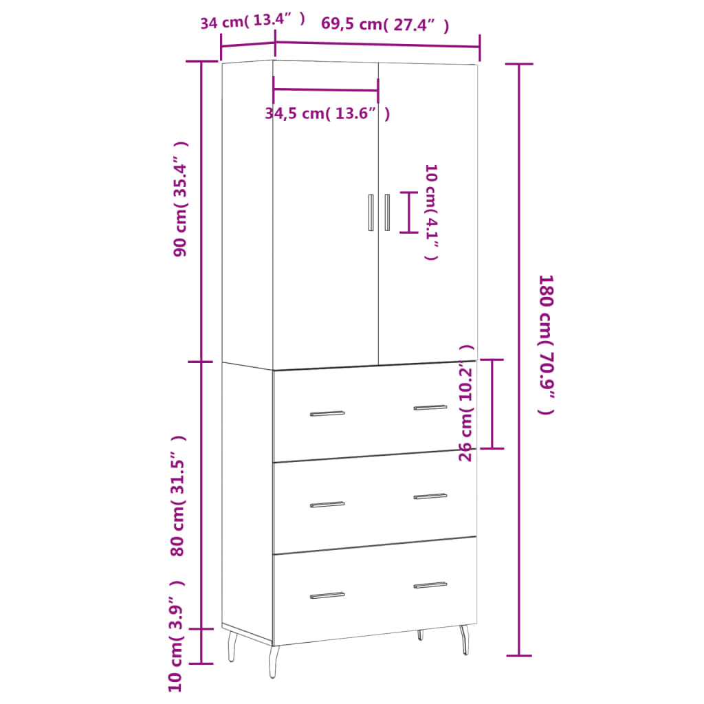 vidaXL Kaappi savutammi 69,5x34x180 cm tekninen puu