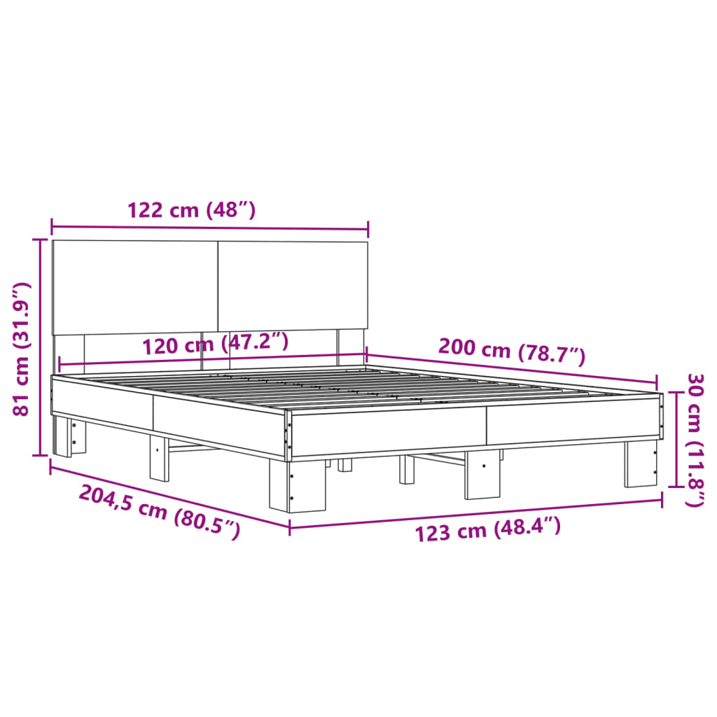 vidaXL Sängynrunko ruskea tammi 120x200 cm tekninen puu ja metalli