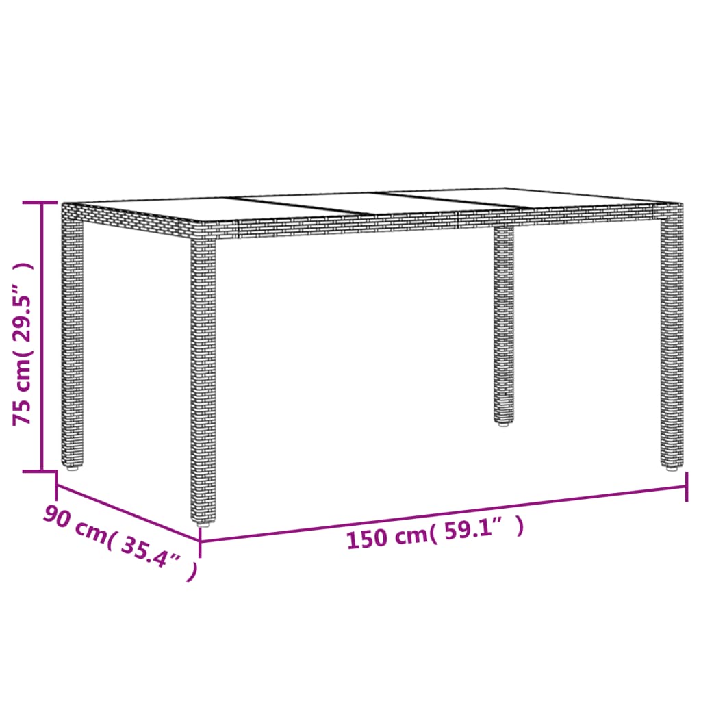 vidaXL Puutarhapöytä lasipöytälevy harmaa 150x90x75 cm polyrottinki