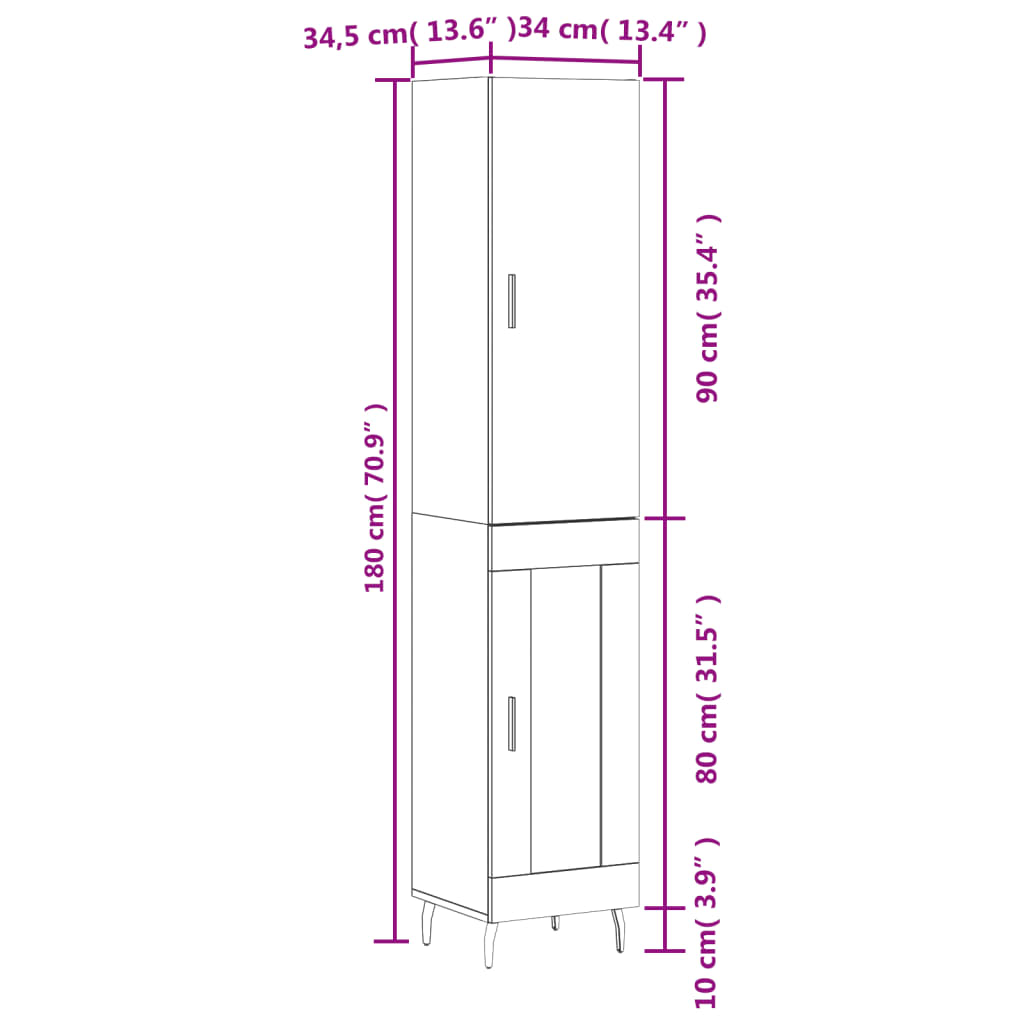 vidaXL Kaappi valkoinen 34,5x34x180 cm tekninen puu