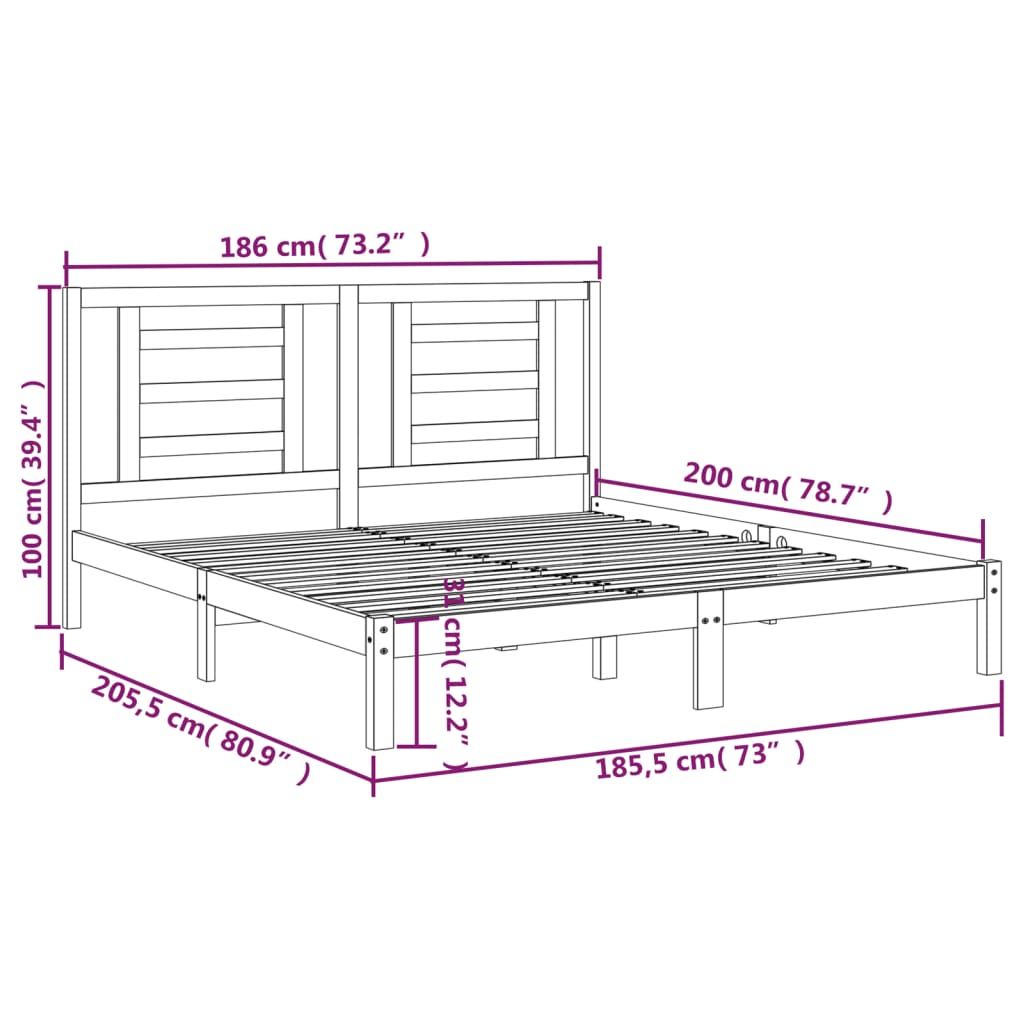 vidaXL Sängynrunko musta täysi mänty 180x200 cm Super King