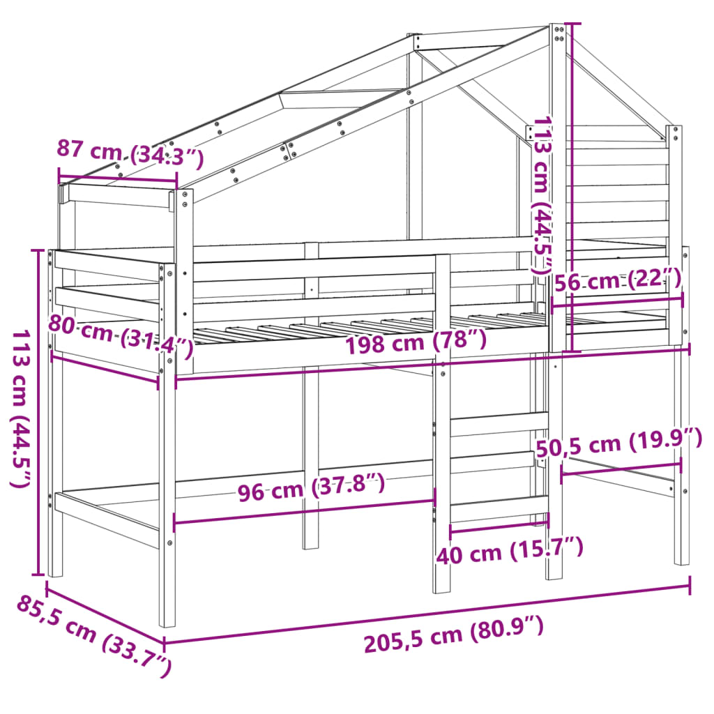 vidaXL Parvisänky tikkailla ja katoksella 80x200 cm täysi mänty