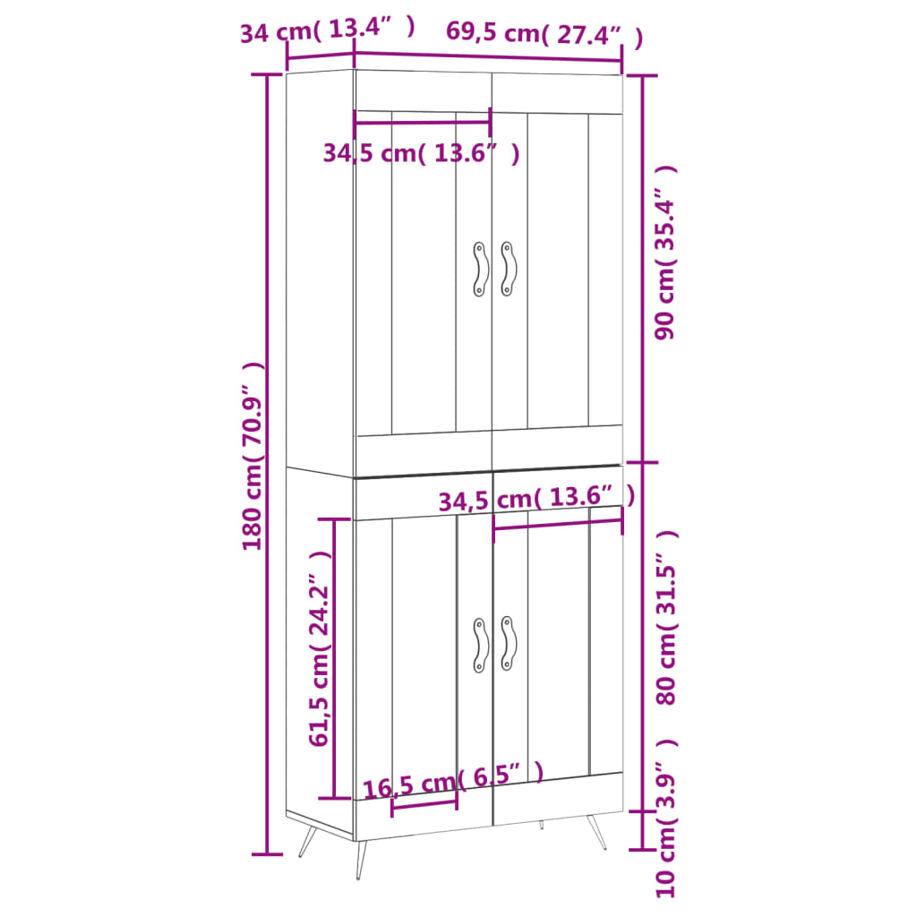 vidaXL Kaappi musta 69,5x34x180 cm tekninen puu