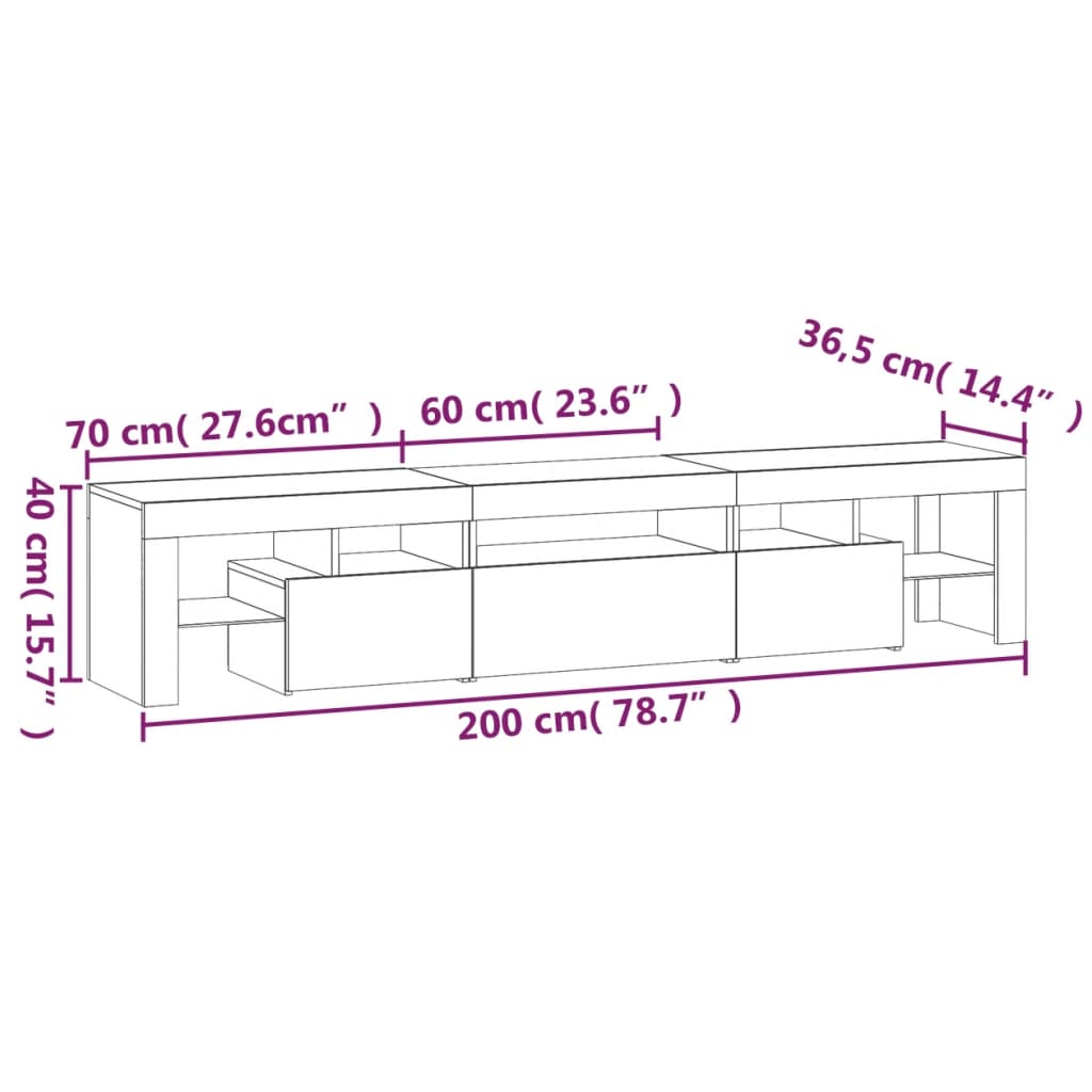 vidaXL TV-taso LED-valoilla korkeakiilto valkoinen 200x36,5x40 cm