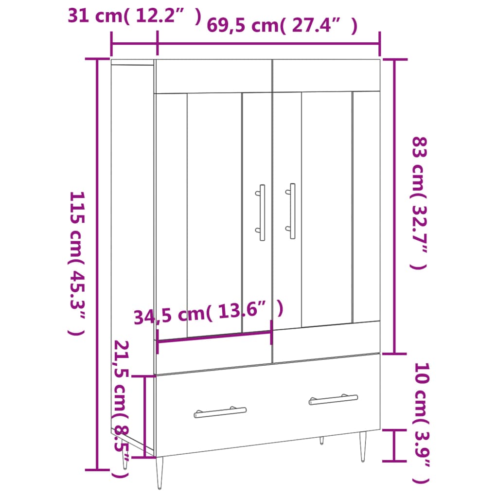 vidaXL Kaappi Sonoma-tammi 69,5x31x115 cm tekninen puu