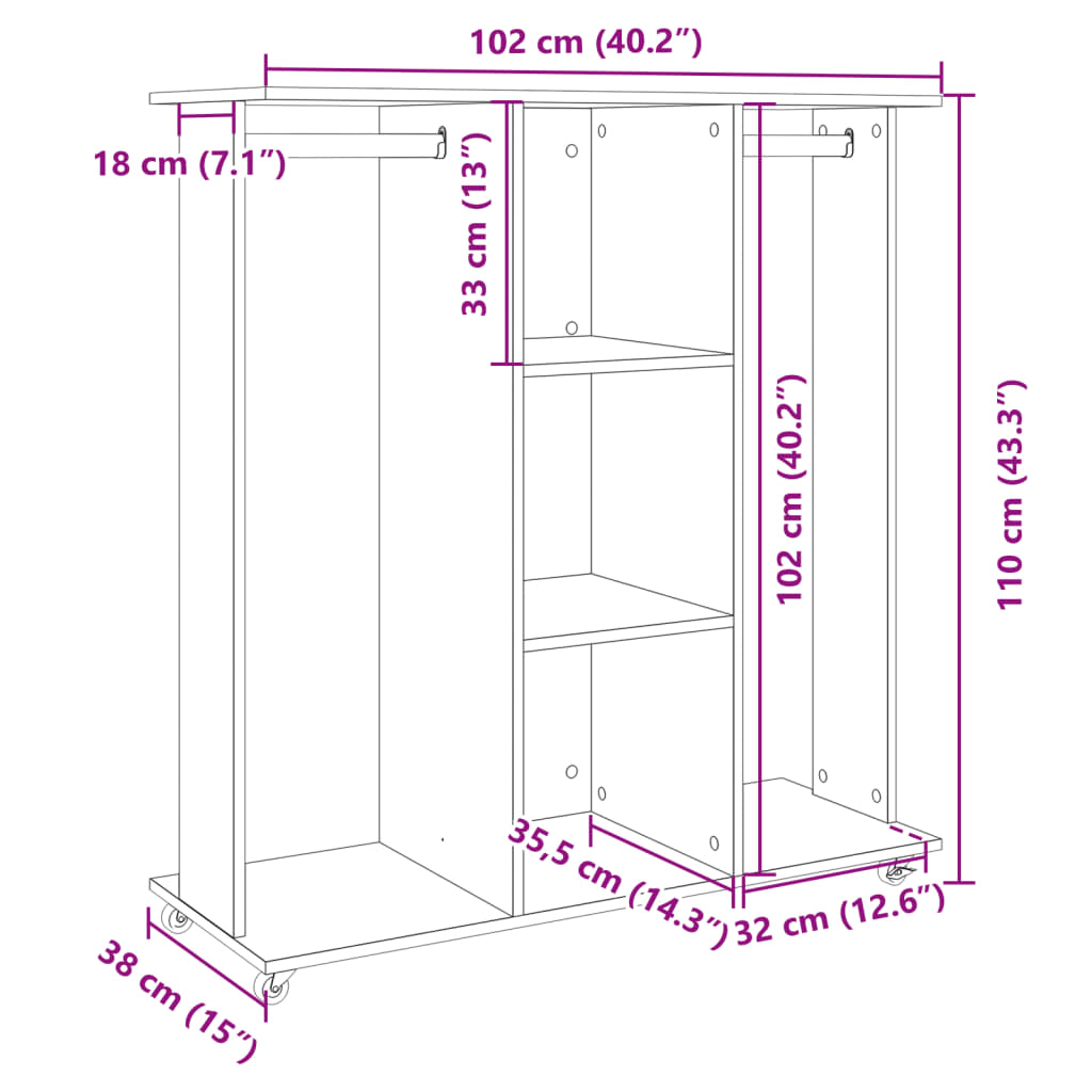 vidaXL Vaatekaappi pyörillä ruskea tammi 102x38x110 cm tekninen puu