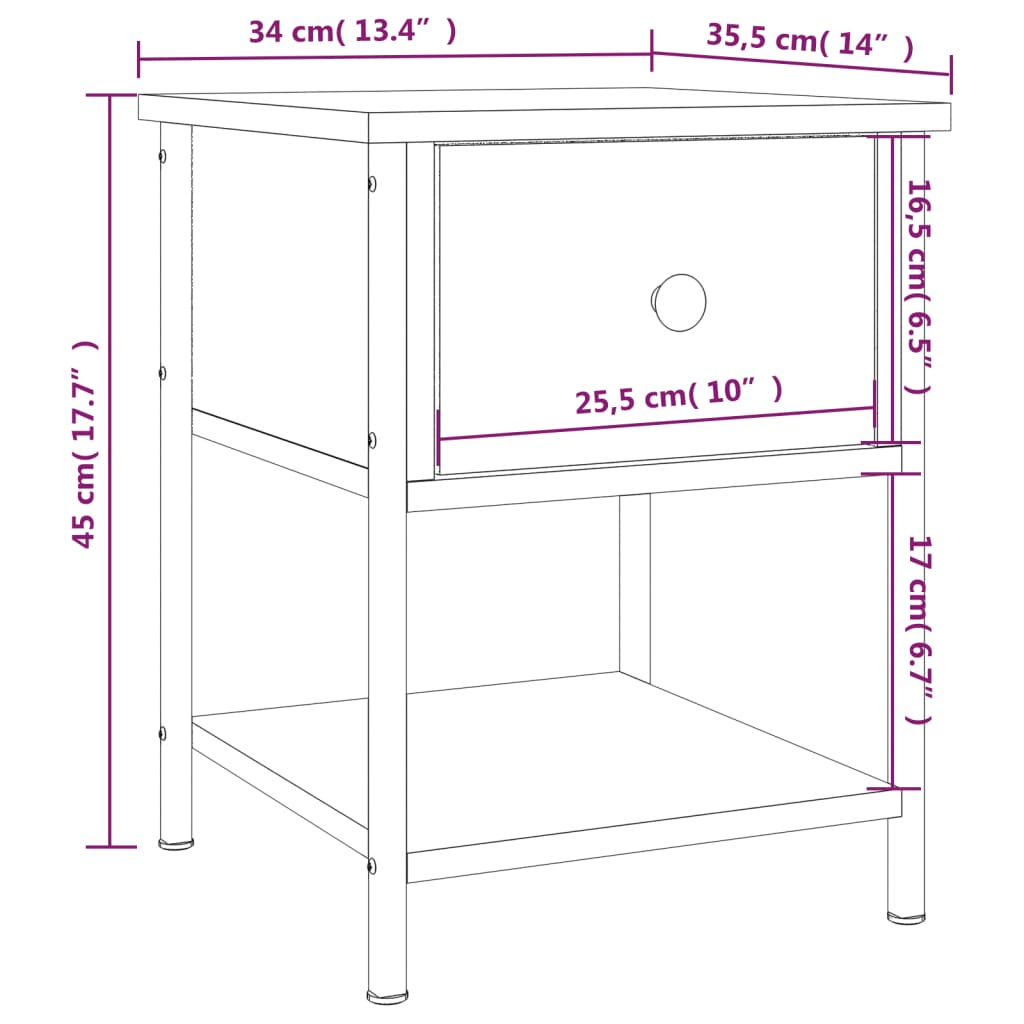 vidaXL Yöpöydät 2 kpl ruskea tammi 34x35,5x45 cm tekninen puu