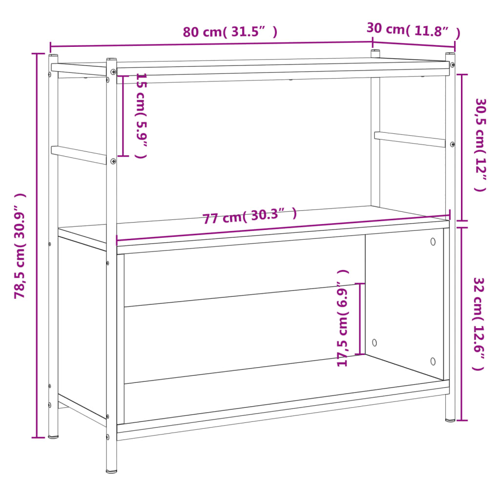 vidaXL Kirjahylly ruskea tammi 80x30x78,5 cm tekninen puu ja rauta