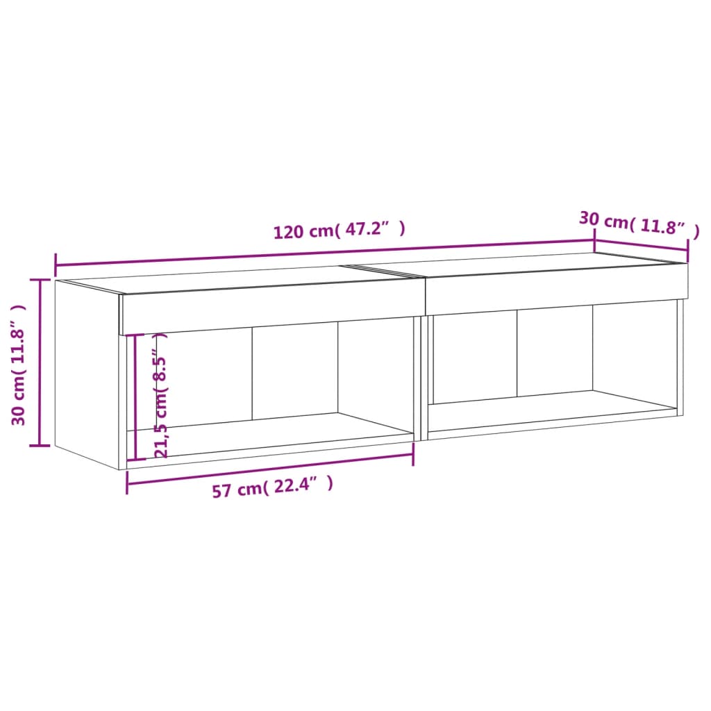 vidaXL TV-tasot LED-valoilla 2 kpl ruskea tammi 60x30x30 cm