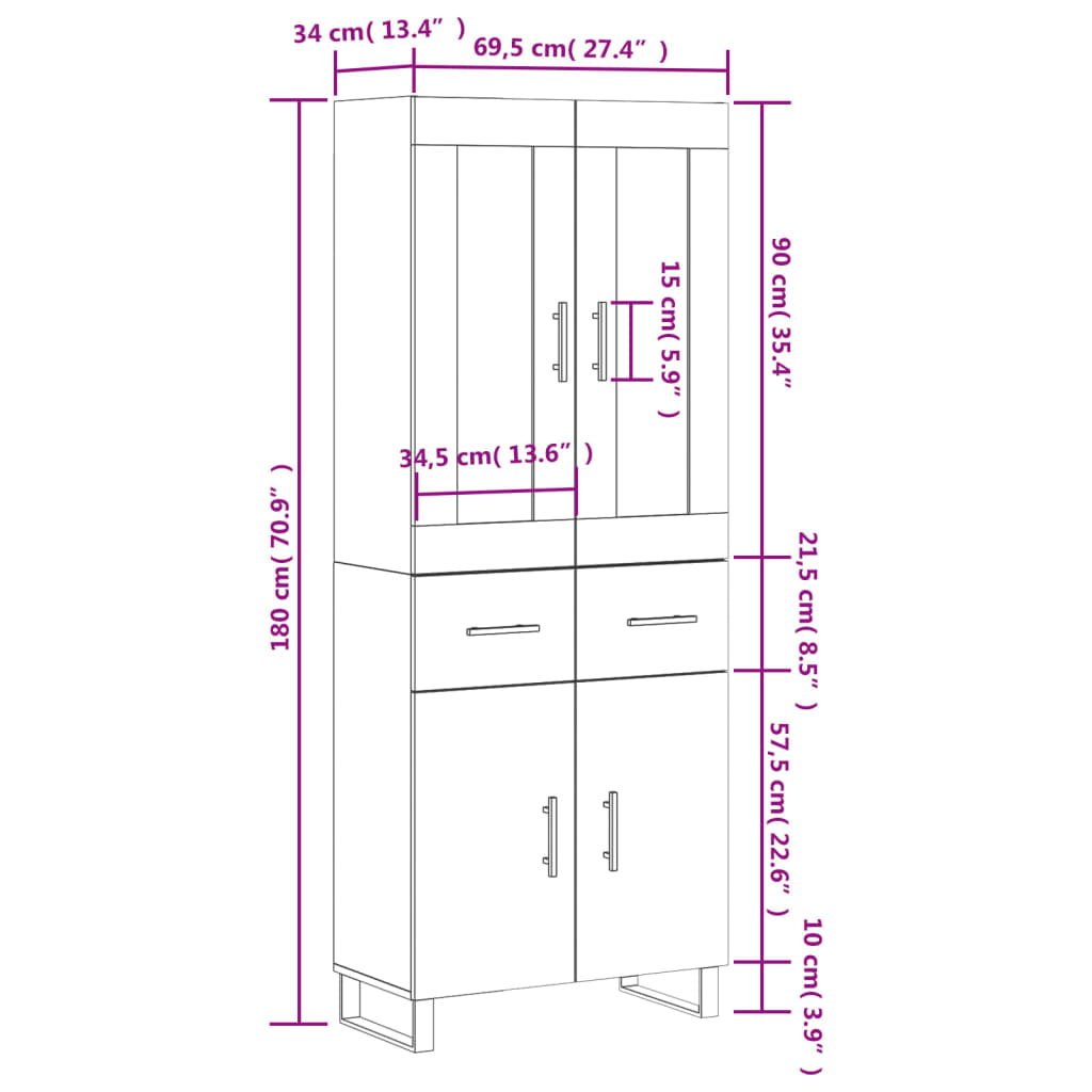 vidaXL Kaappi ruskea tammi 69,5x34x180 cm tekninen puu