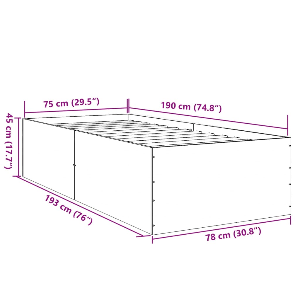 vidaXL Sängynrunko harmaa Sonoma 75x190 cm tekninen puu