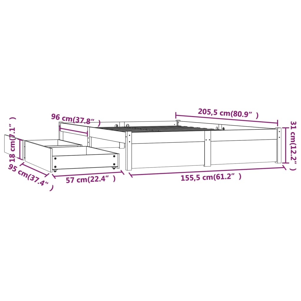 vidaXL Sängynrunko laatikoilla 150x200 cm King Size