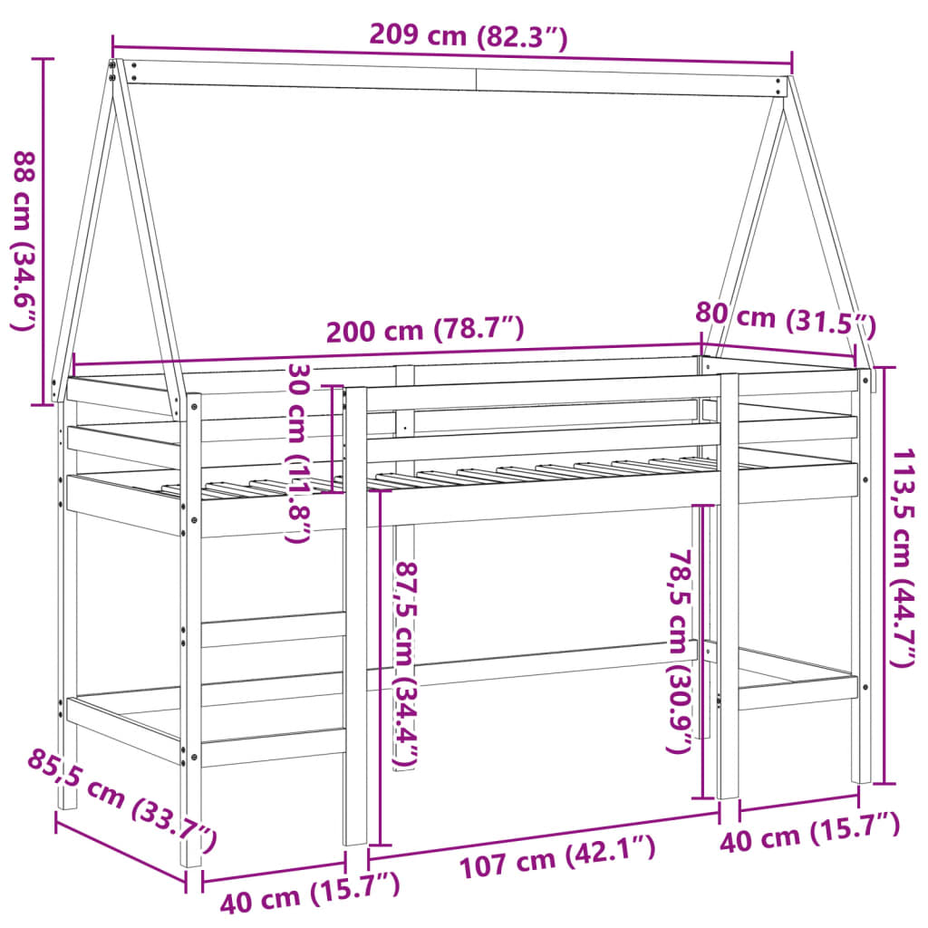 vidaXL Parvisänky tikkailla ja katoksella 80x200 cm täysi mänty