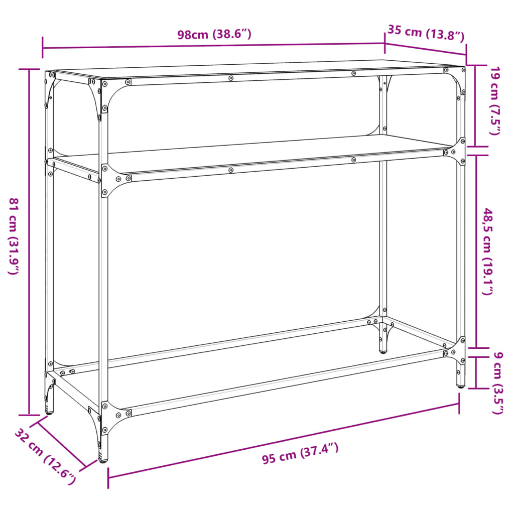 vidaXL Konsolipöytä läpinäkyvä lasinen pöytälevy 98x35x81 cm teräs