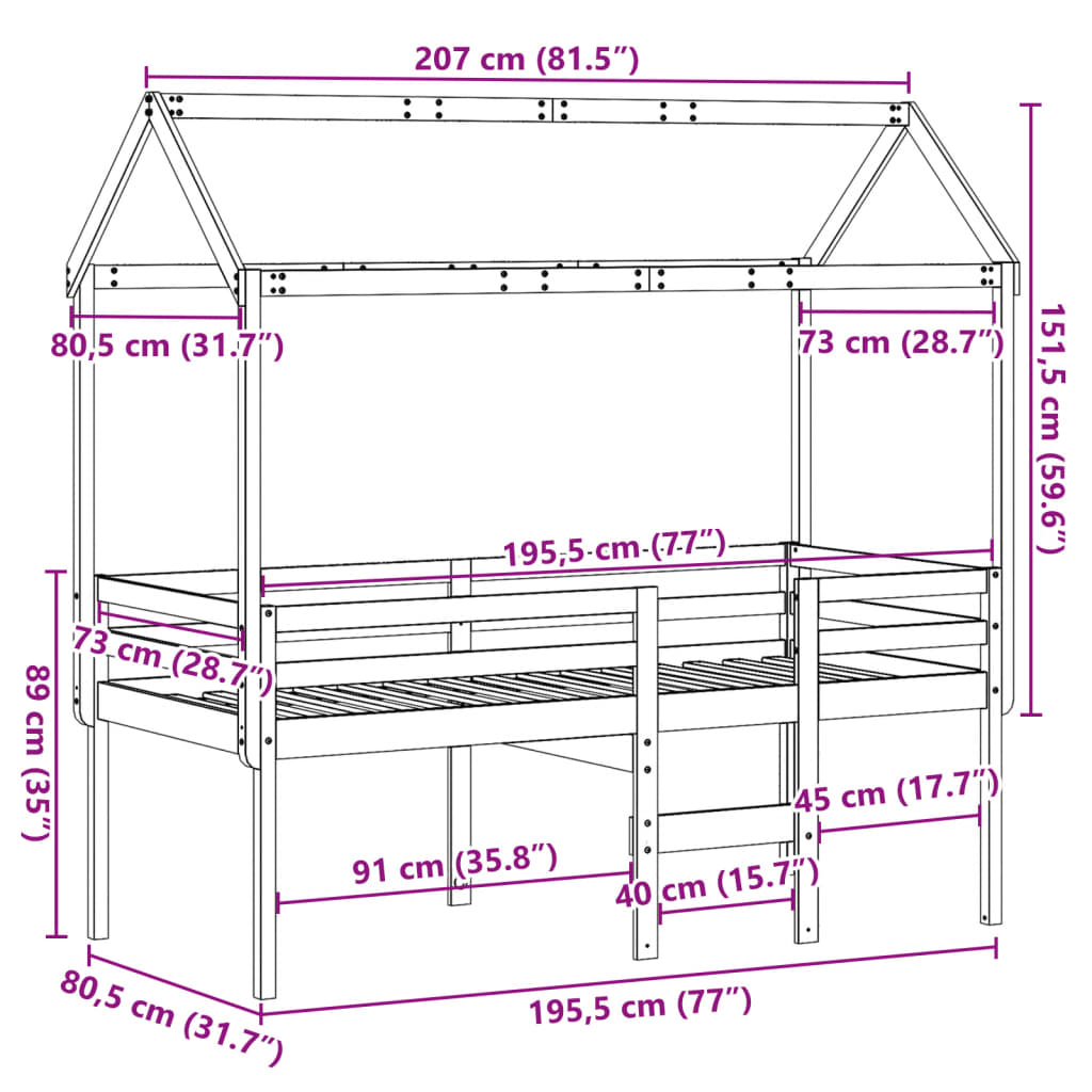 vidaXL Korotettu sänky katolla 75x190 cm täysi mänty