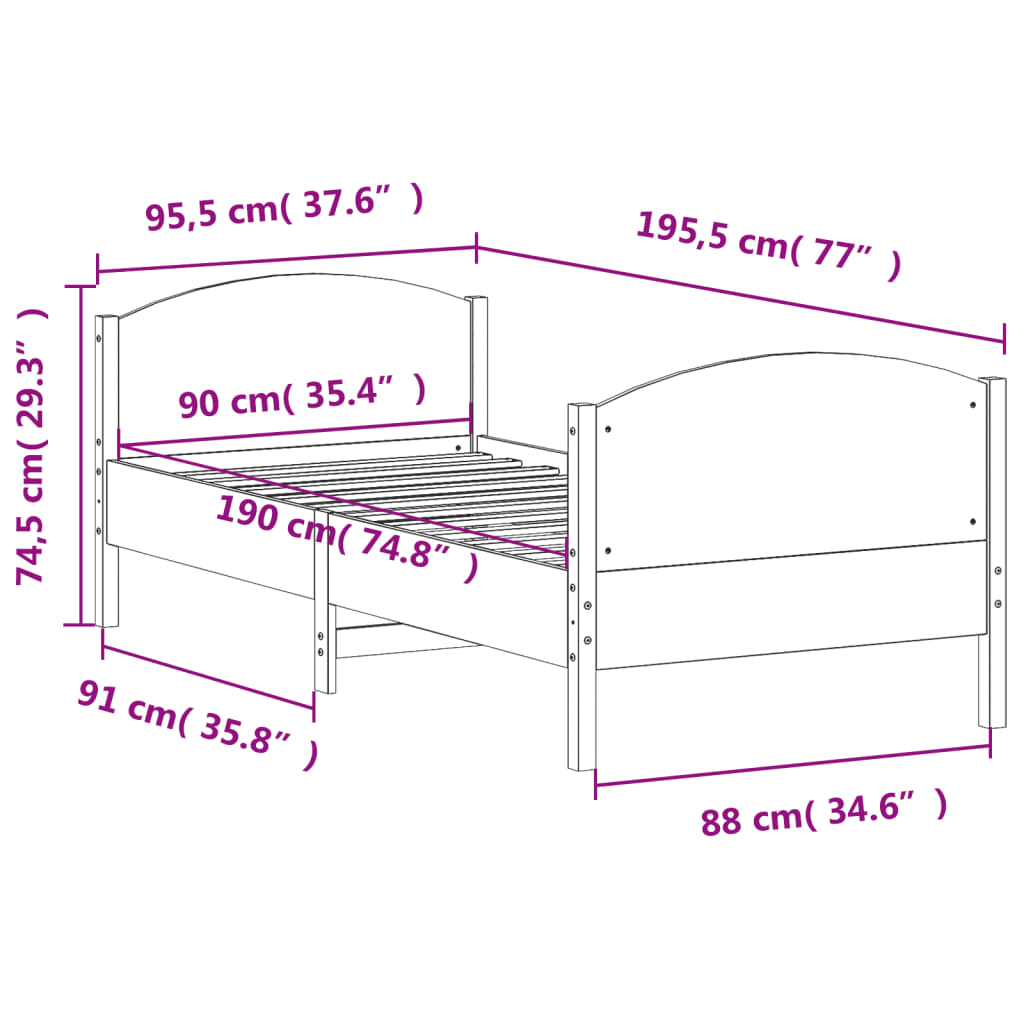 vidaXL Sängynrunko ilman patjaa 90x190 cm täysi mänty