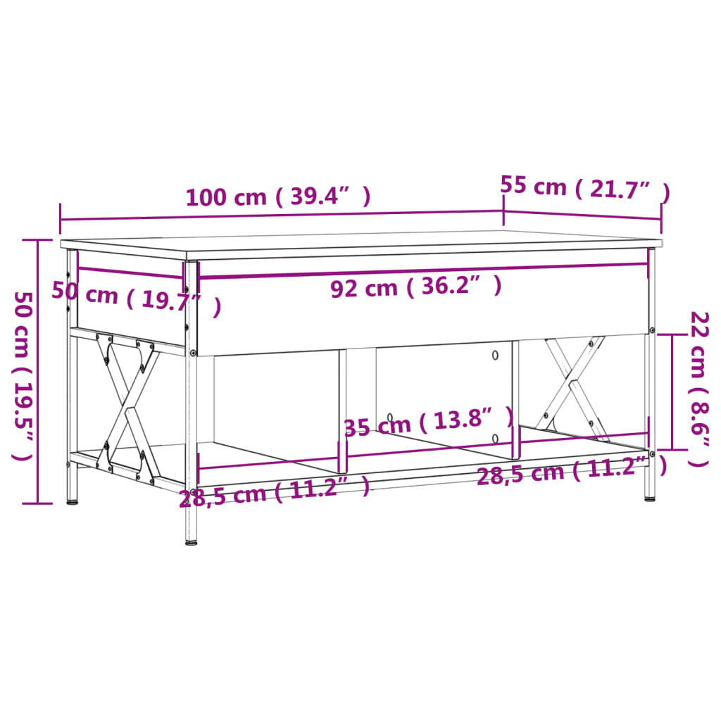 vidaXL Sohvapöytä Sonoma-tammi 100x55x50 cm tekninen puu ja metalli