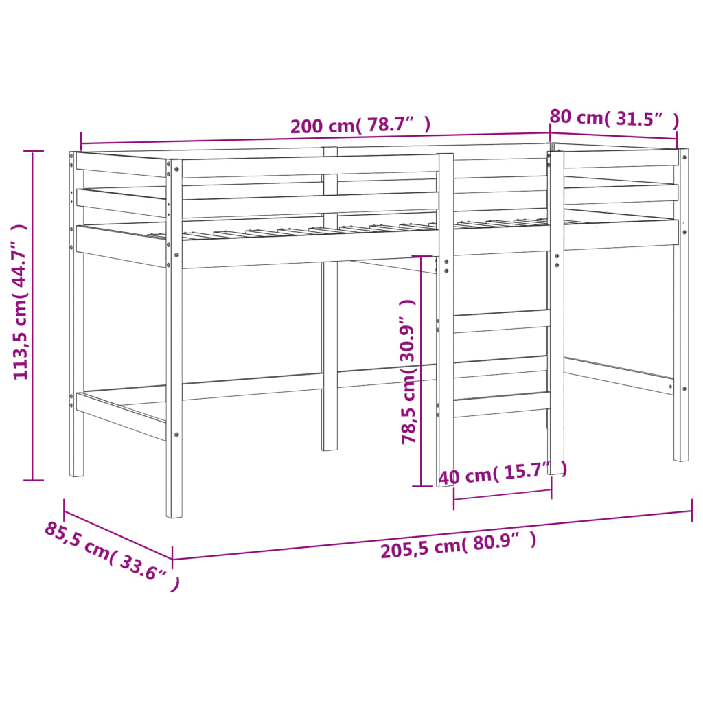 vidaXL Lasten parvisänky verhoilla pinkki 80x200 cm täysi mänty