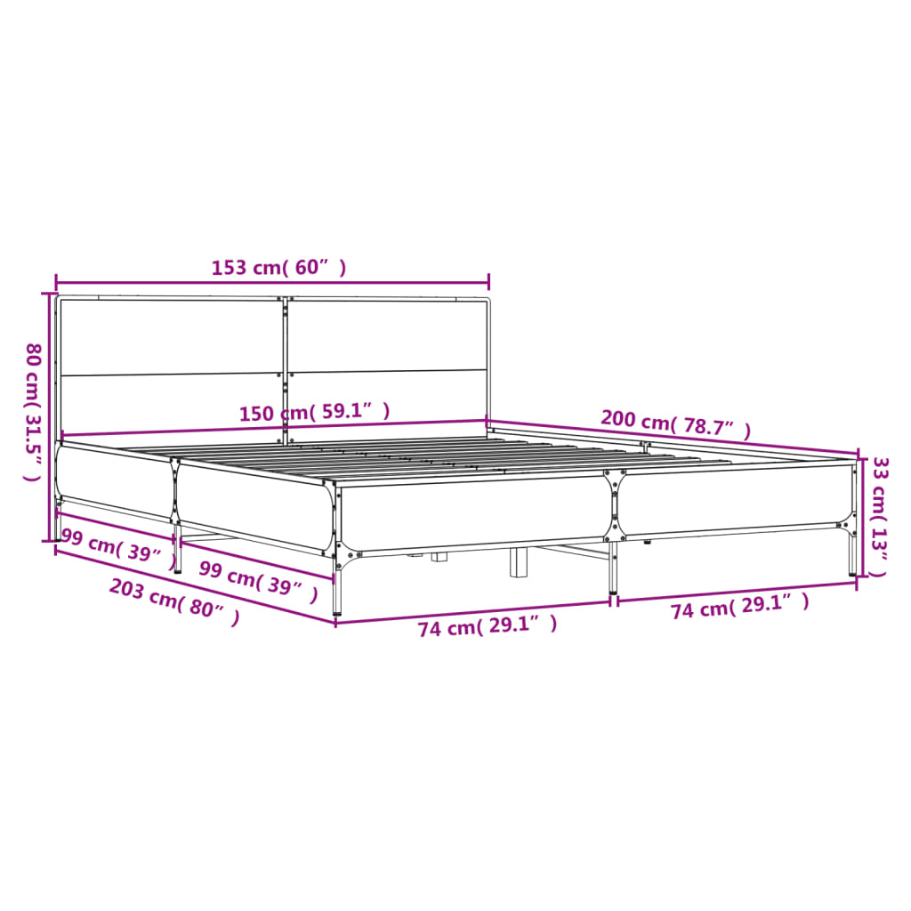 vidaXL Sängynrunko savutammi 150x200 cm tekninen puu ja metalli