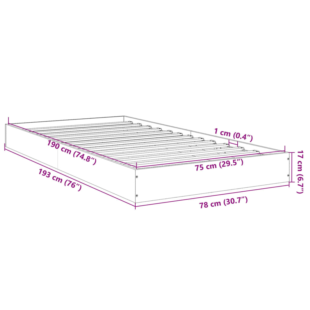 vidaXL Sängynrunko harmaa Sonoma 75x190 cm tekninen puu