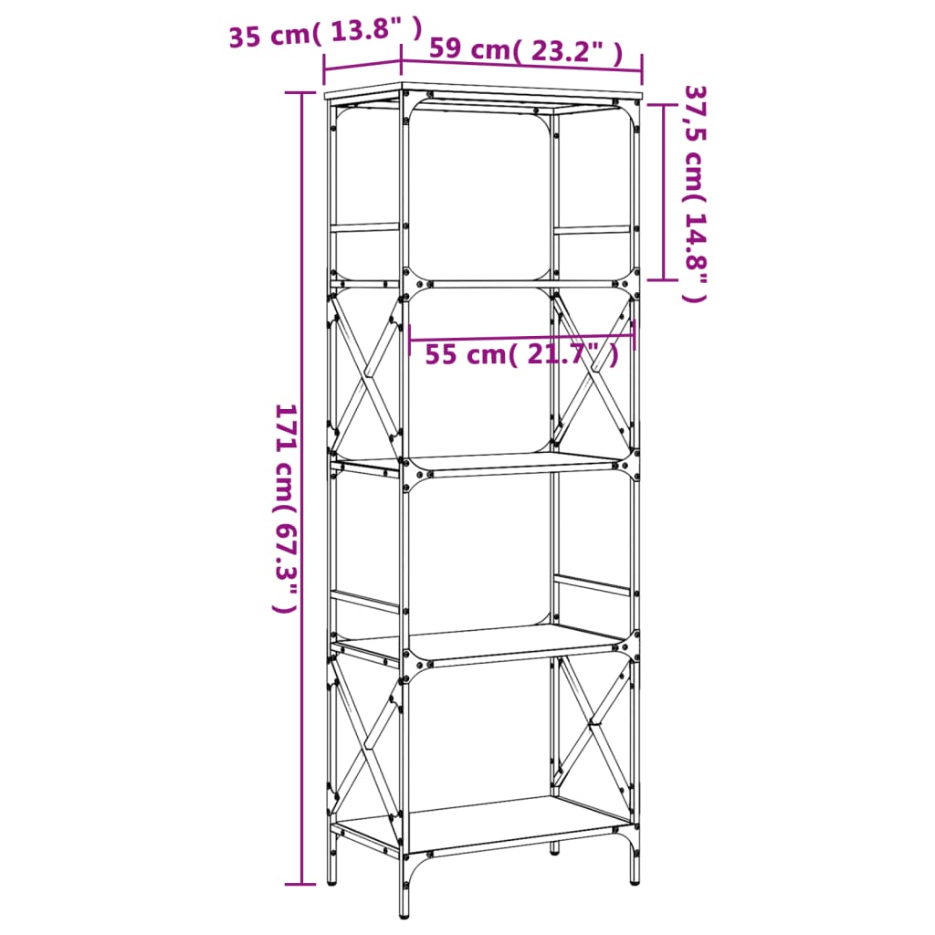 vidaXL Kirjahylly 5 kerrosta ruskea tammi 59x35x171 cm tekninen puu