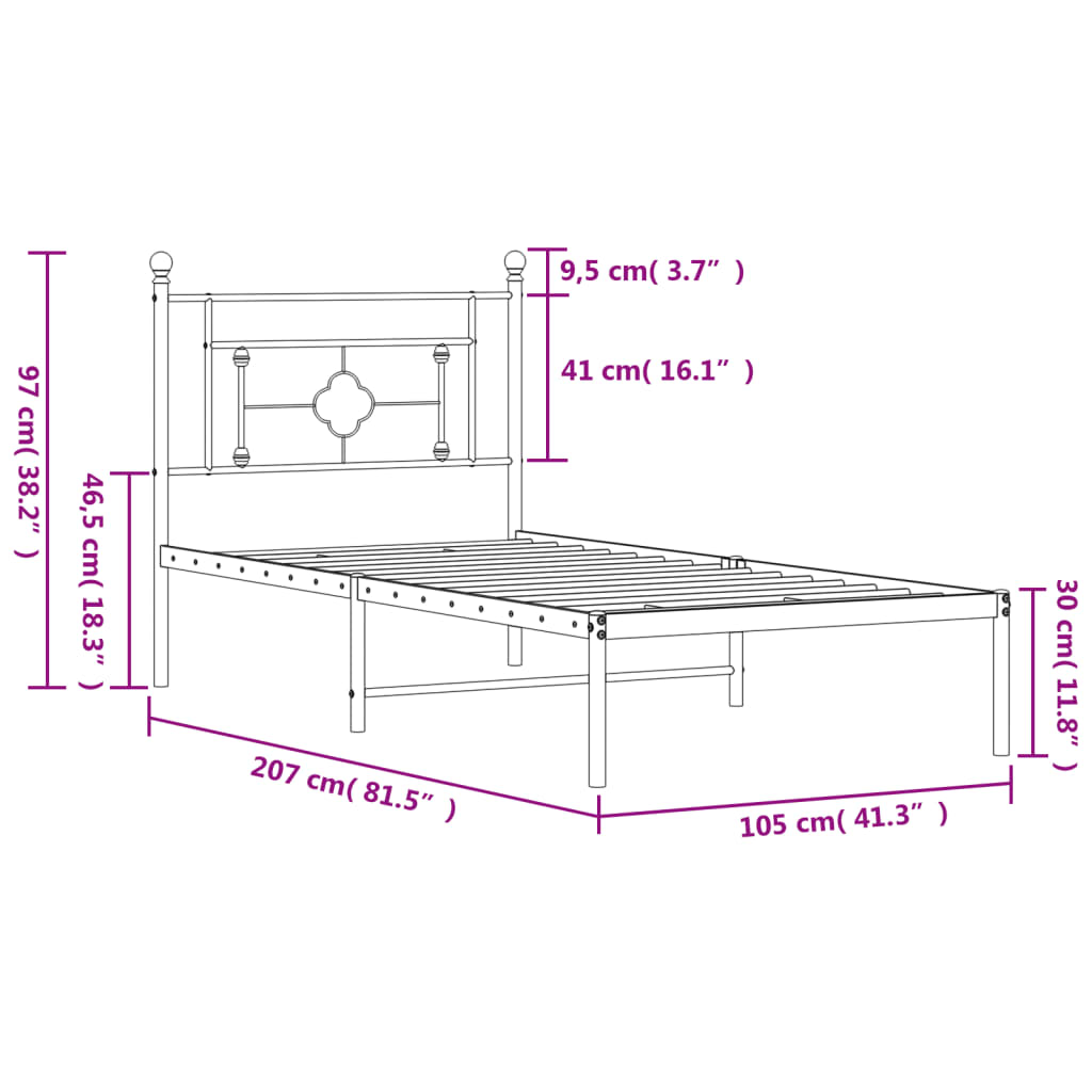 vidaXL Metallinen sängynrunko päädyllä musta 100x200 cm