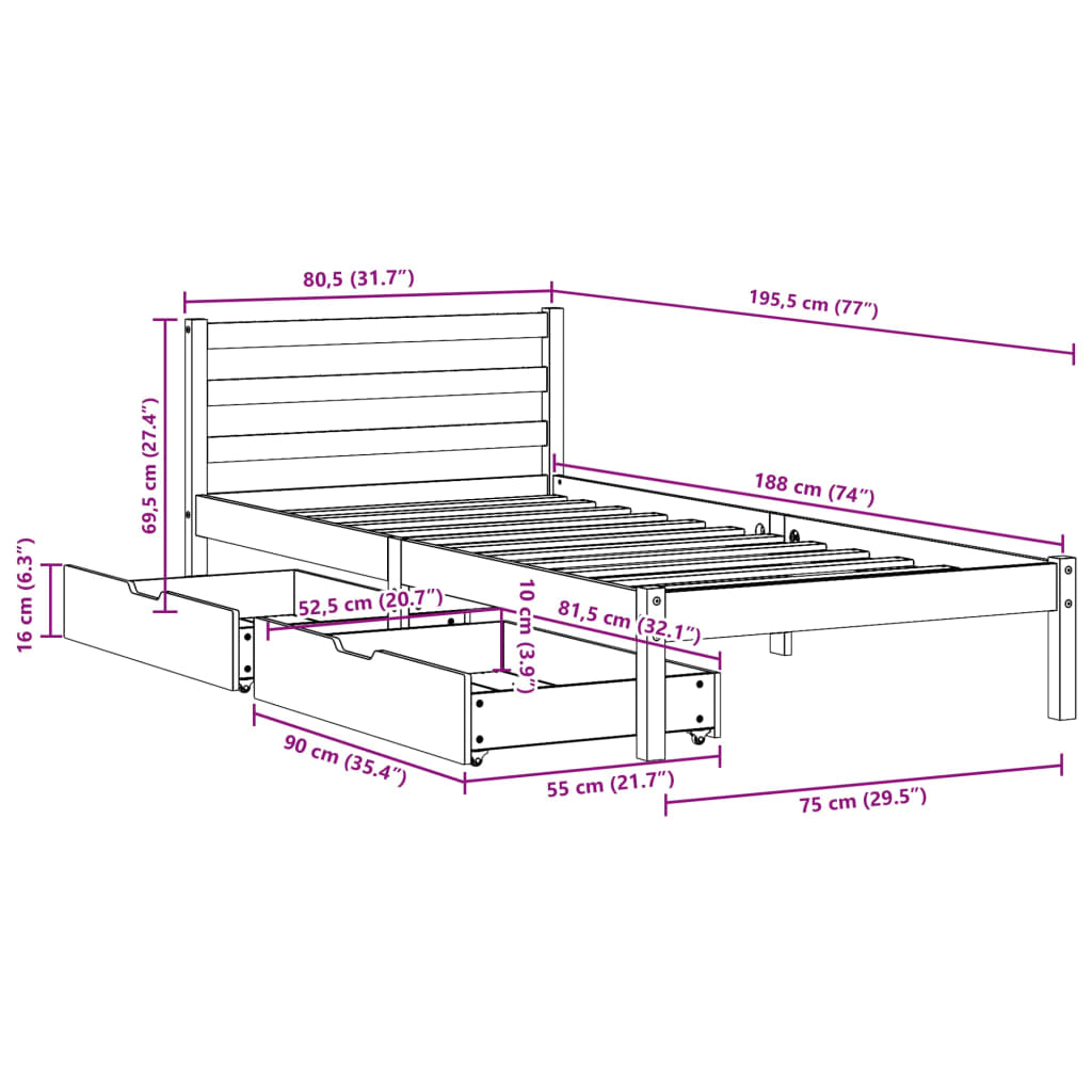 vidaXL Sängynrunko ilman patjaa päädyllä 75x190 cm täysi mänty