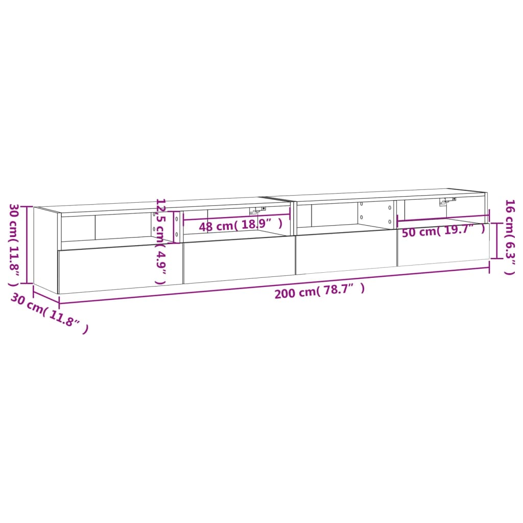 vidaXL TV-seinäkaapit 2 kpl betoninharmaa 100x30x30 cm tekninen puu