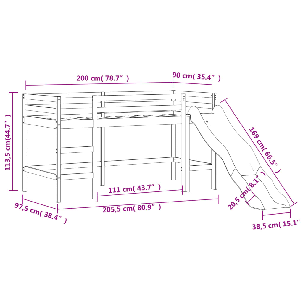 vidaXL Lasten parvisänky tornilla sininen 90x200 cm täysi mänty