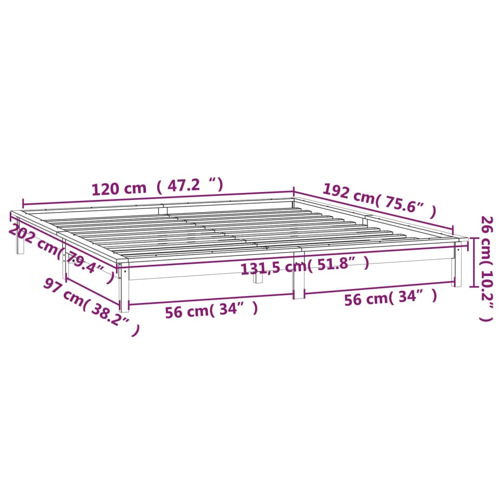 vidaXL Sängynrunko LED-valoilla 120x190 cm Small Double täysi puu