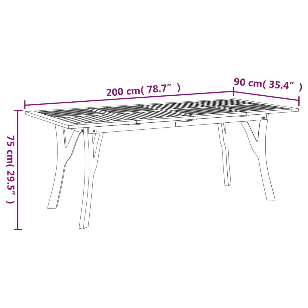 vidaXL Puutarhapöytä 200x90x75 cm täysi akasiapuu