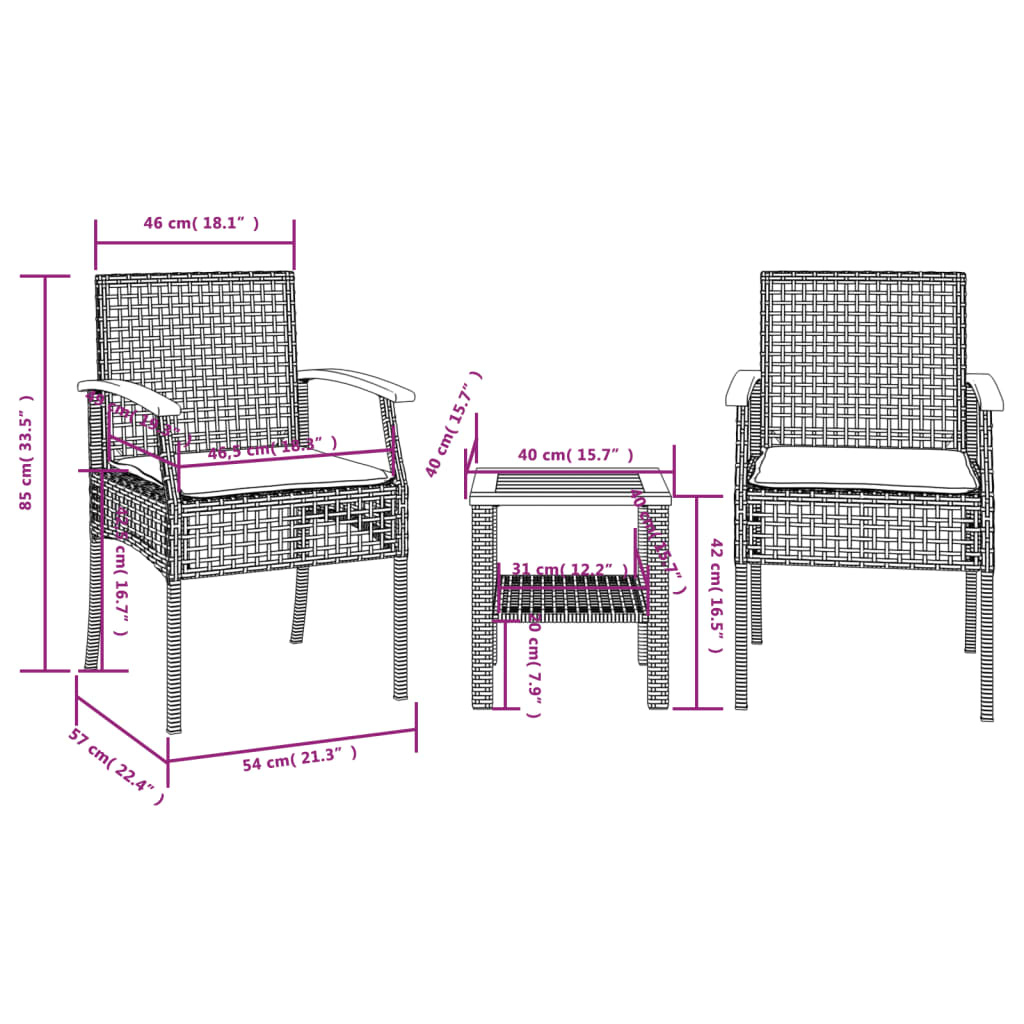 vidaXL 3-osainen Bistrosarja tyynyillä musta polyrottinki akasiapuu