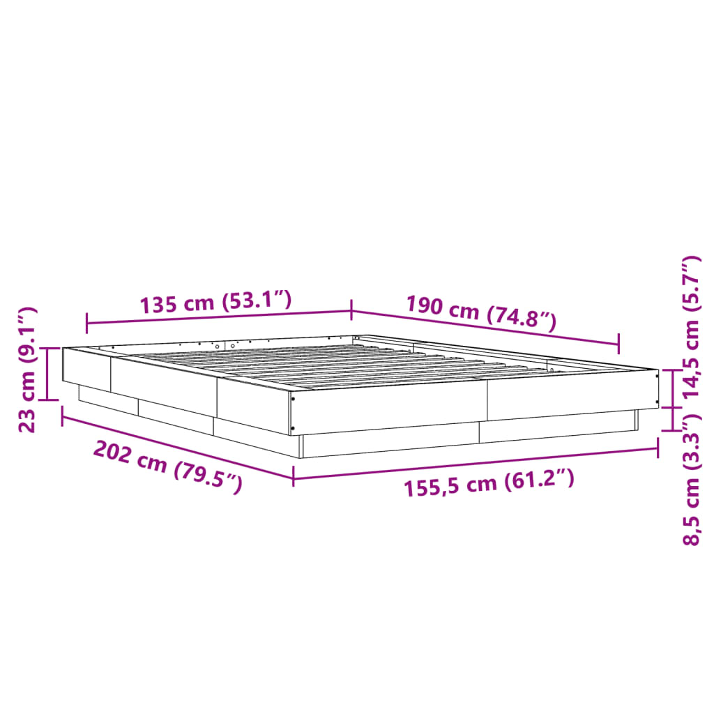 vidaXL Sängynrunko LED-valoilla ruskea tammi 135x190 cm tekninen puu