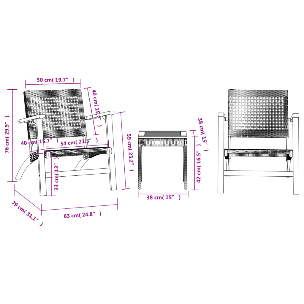 vidaXL 3-osainen Bistrosarja beige polyrottinki ja täysi akasiapuu