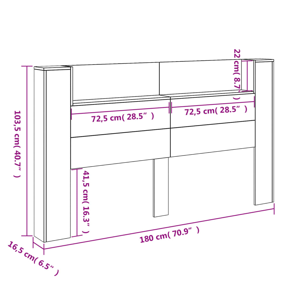 vidaXL Sängynpäätykaappi LED-valoilla ruskea tammi 180x16,5x103,5 cm